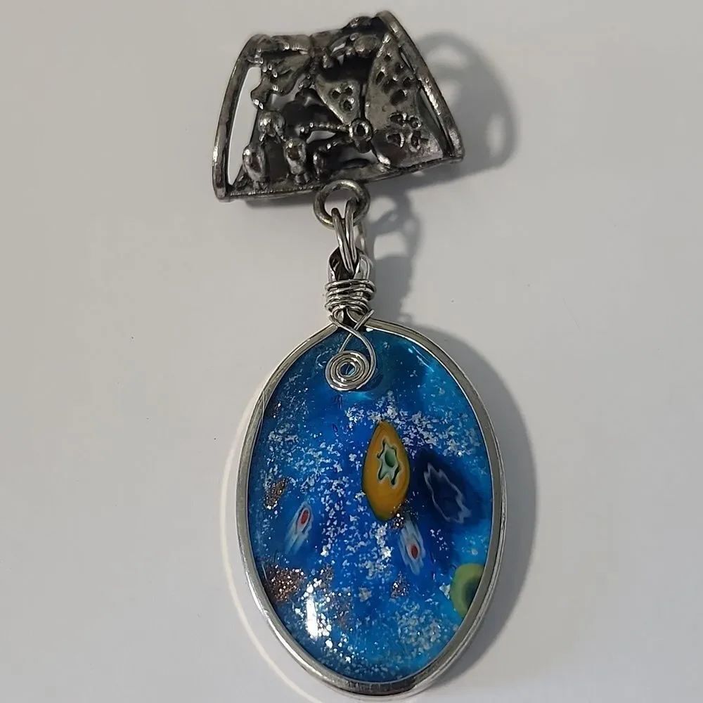 Blue and Silver Glass Pendant/ SCARF SLIDE with Artistic Design